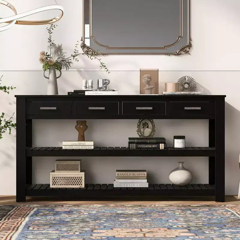 Console moderne en bois avec tiroirs et étagères, table d'entrée minimaliste avec rangement pour entrées et salons