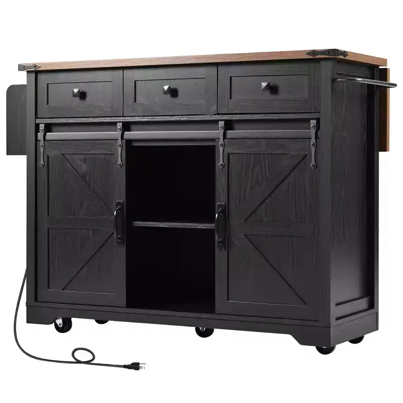 53.7 Îlot de cuisine de ferme avec prise de courant, îlot de rangement de cuisine avec 2 portes coulissantes de grange et abattant