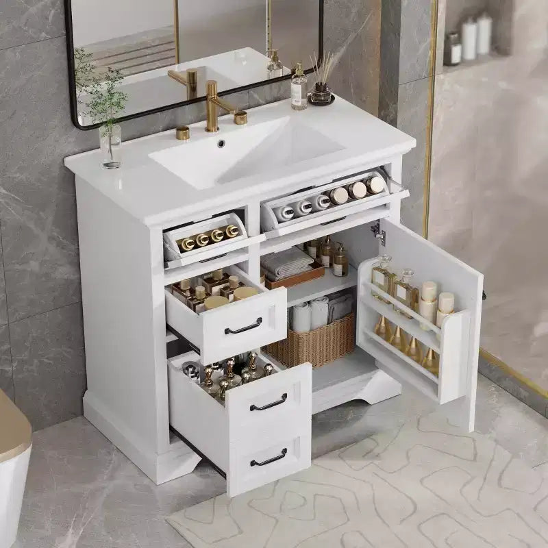 Meuble-lavabo 36 po avec dessus en céramique, 4 tiroirs, 1 porte à fermeture amortie, autoportant, poignées en métal, noir