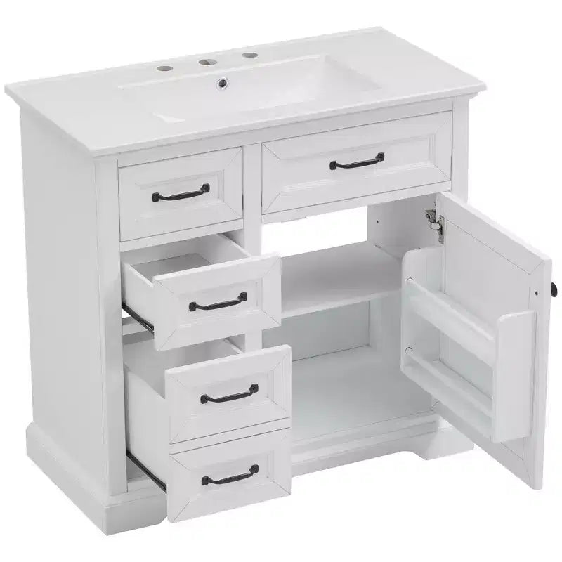 Meuble-lavabo 36 po avec dessus en céramique, 4 tiroirs, 1 porte à fermeture amortie, autoportant, poignées en métal, noir