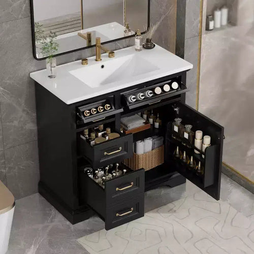 Meuble-lavabo 36 po avec dessus en céramique, 4 tiroirs, 1 porte à fermeture amortie, autoportant, poignées en métal, noir