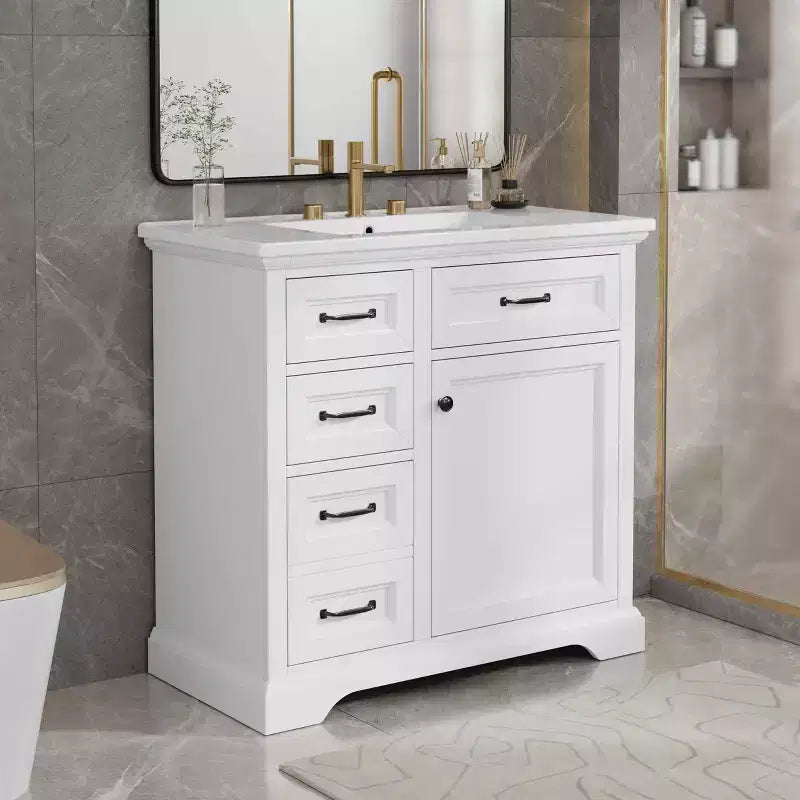 Meuble-lavabo 36 po avec dessus en céramique, 4 tiroirs, 1 porte à fermeture amortie, autoportant, poignées en métal, noir