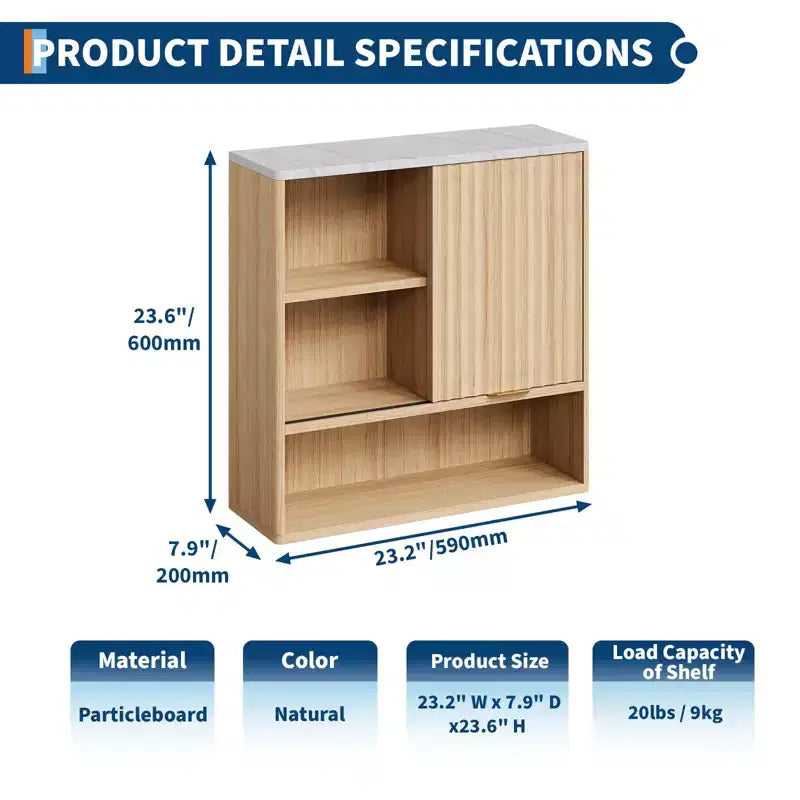 23Armoire murale moderne cannelée avec porte coulissante, plateau imitation marbre et étagère réglable, armoire à pharmacie incurvée pour salle de bain ou buanderie