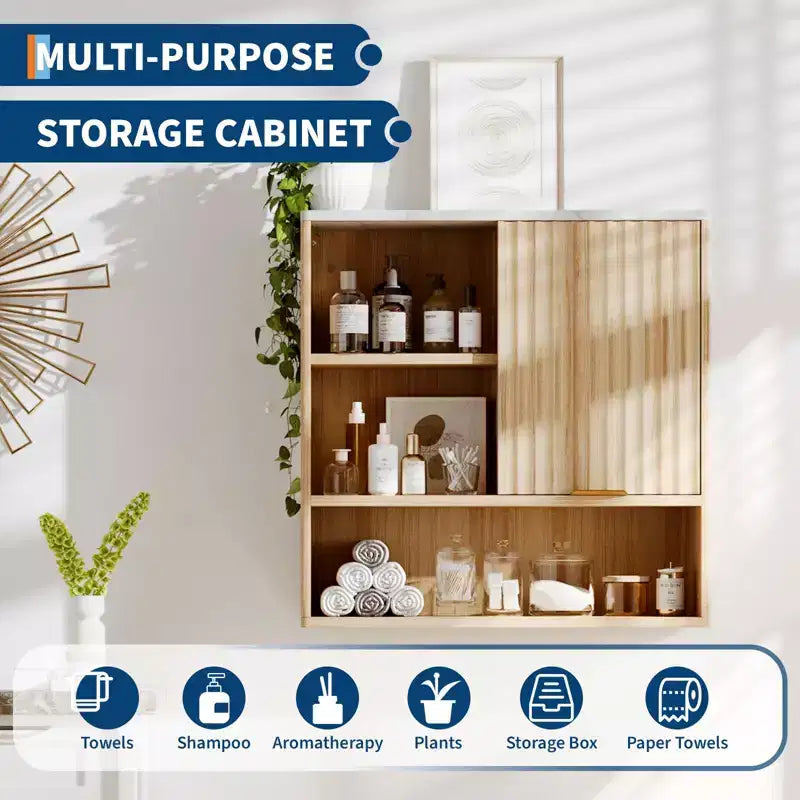 23Armoire murale moderne cannelée avec porte coulissante, plateau imitation marbre et étagère réglable, armoire à pharmacie incurvée pour salle de bain ou buanderie