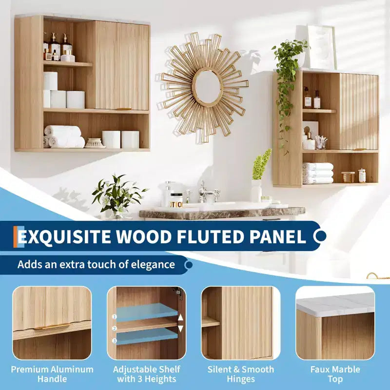 23Armoire murale moderne cannelée avec porte coulissante, plateau imitation marbre et étagère réglable, armoire à pharmacie incurvée pour salle de bain ou buanderie