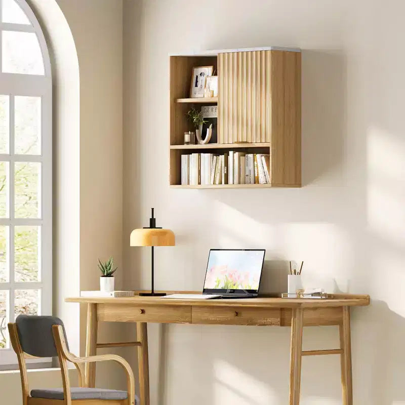 23Armoire murale moderne cannelée avec porte coulissante, plateau imitation marbre et étagère réglable, armoire à pharmacie incurvée pour salle de bain ou buanderie