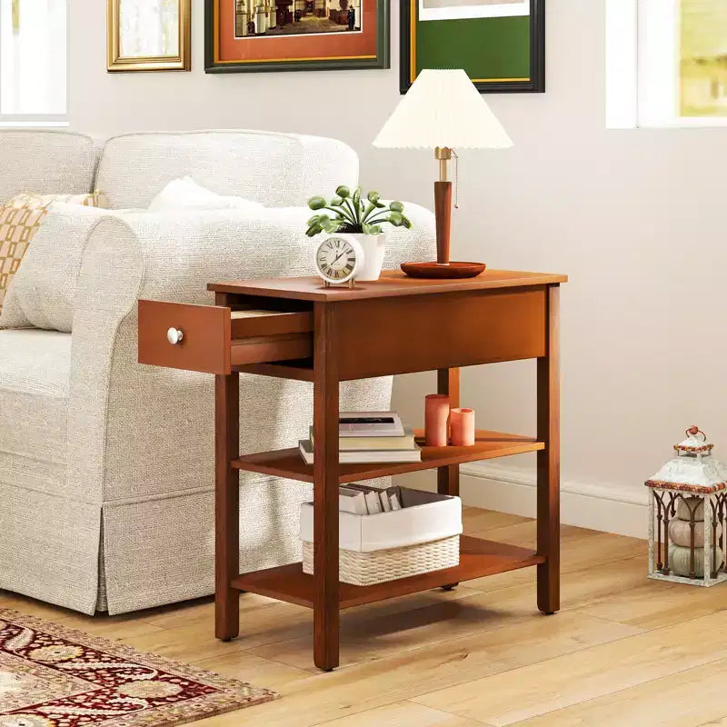 Tables d'appoint étroites avec tiroirs, étagères et pieds en bois d'hévéa – Table d'appoint de canapé