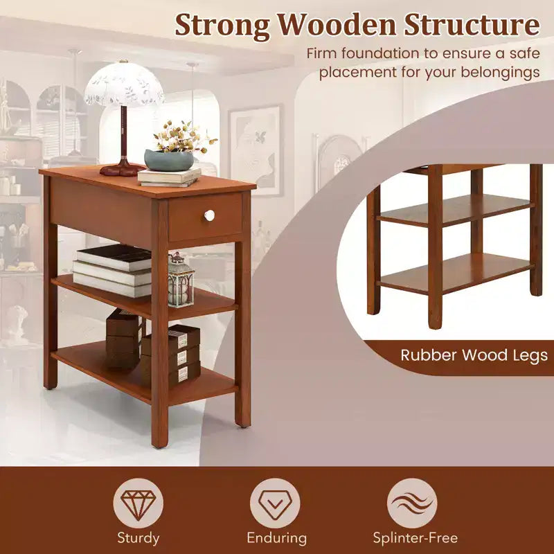 Tables d'appoint étroites avec tiroirs, étagères et pieds en bois d'hévéa – Table d'appoint de canapé