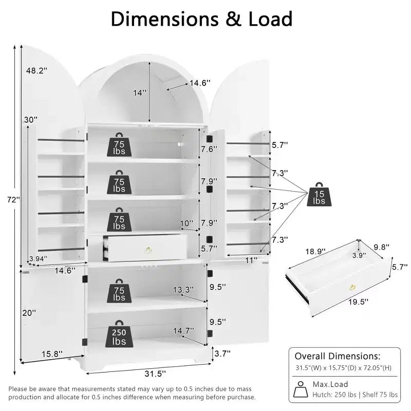 Meuble de rangement haut de cuisine de 183 cm de hauteur avec arche, comprenant 8 étagères de porte et un compartiment de rangement encastré avec 3 étagères réglables, blanc
