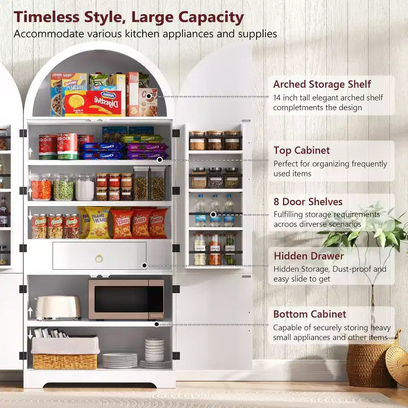 Meuble de rangement haut de cuisine de 183 cm de hauteur avec arche, comprenant 8 étagères de porte et un compartiment de rangement encastré avec 3 étagères réglables, blanc