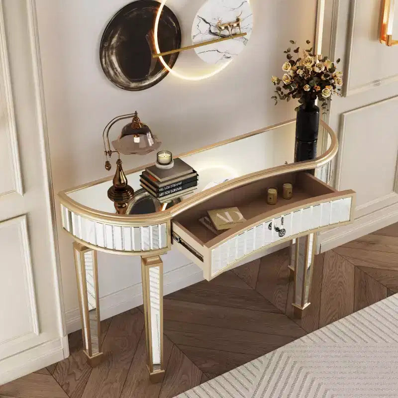 Console moderne en miroir de 47 po avec tiroir de rangement, table d'entrée demi-lune pour couloir, dressing ou salon -