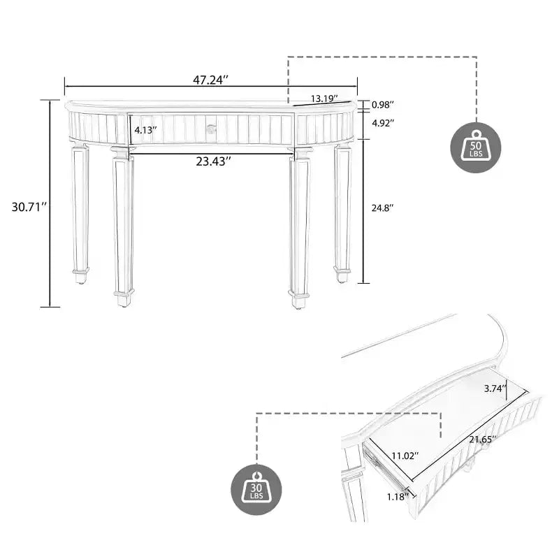 Console moderne en miroir de 47 po avec tiroir de rangement, table d'entrée demi-lune pour couloir, dressing ou salon -