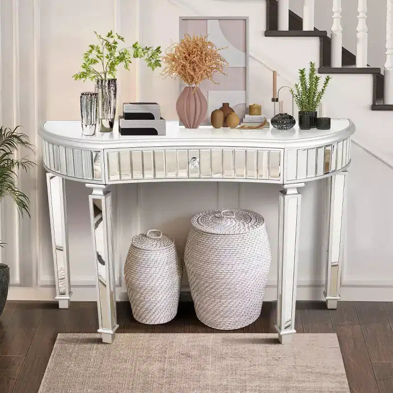 Console moderne en miroir de 47 po avec tiroir de rangement, table d'entrée demi-lune pour couloir, dressing ou salon -
