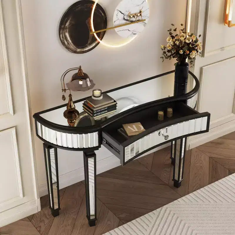Console moderne en miroir de 47 po avec tiroir de rangement, table d'entrée demi-lune pour couloir, dressing ou salon -