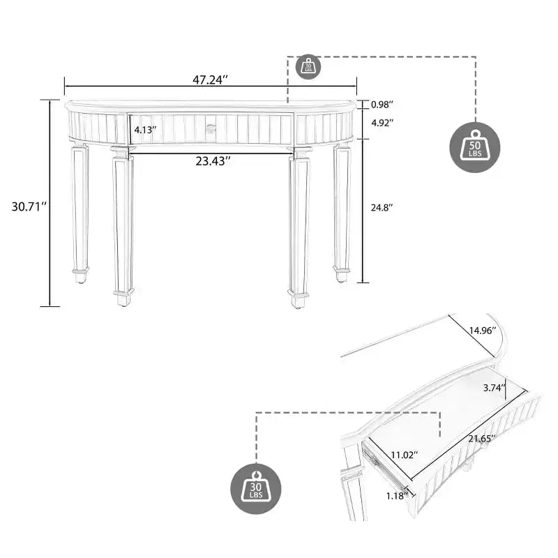 Console moderne en miroir de 47 po avec tiroir de rangement, table d'entrée demi-lune pour couloir, dressing ou salon -