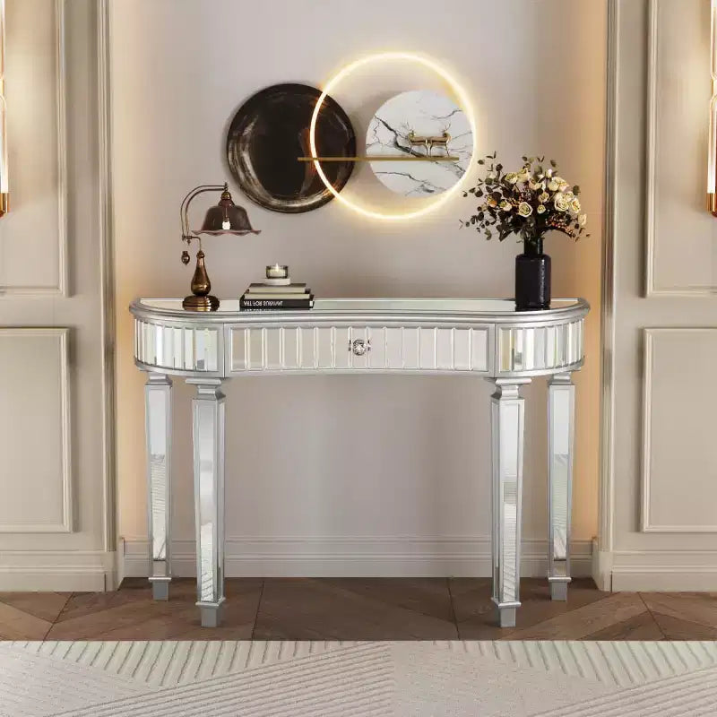 Console moderne en miroir de 47 po avec tiroir de rangement, table d'entrée demi-lune pour couloir, dressing ou salon -