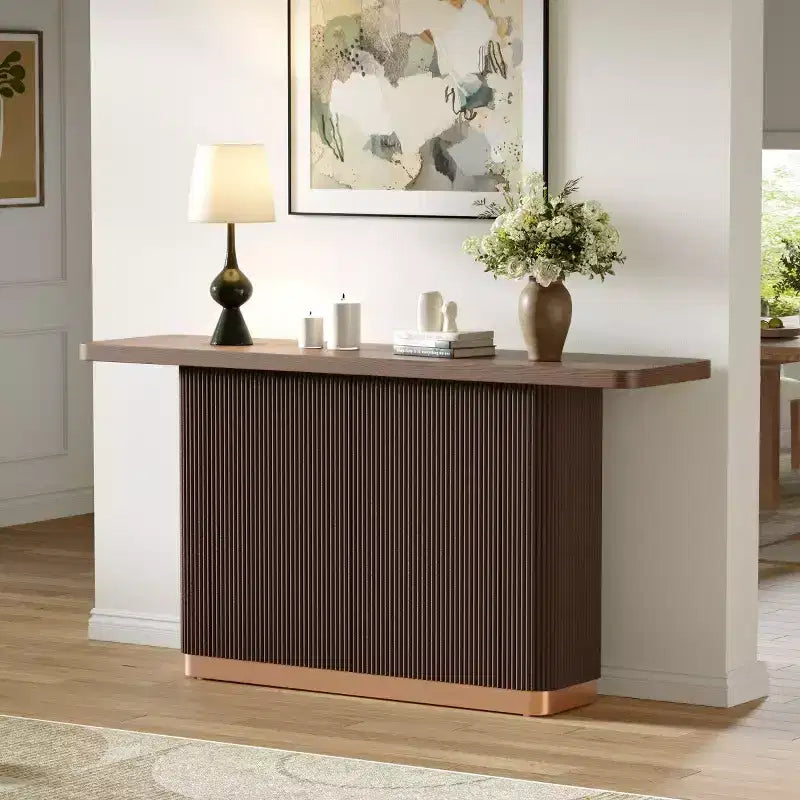 Table console étroite de 58 po avec dessus en placage de frêne, table de canapé moderne, table d'entrée pour salon, couloir ou hall-