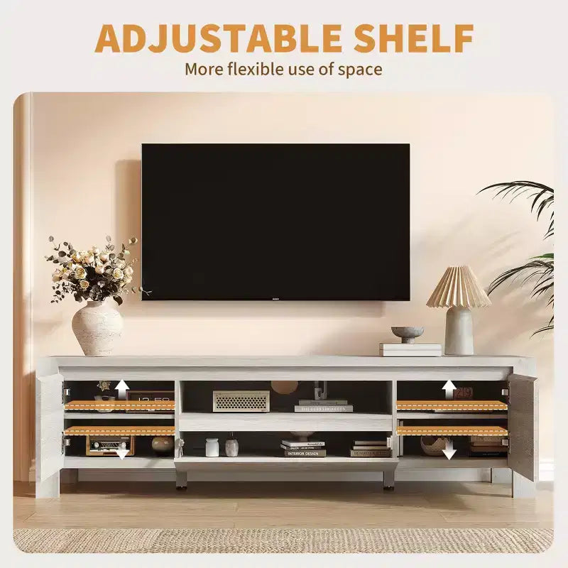 Meuble TV de ferme de 63 pouces avec armoire, meuble de divertissement pour téléviseurs jusqu'à 70 pouces, aucun assemblage requis, finition naturelle