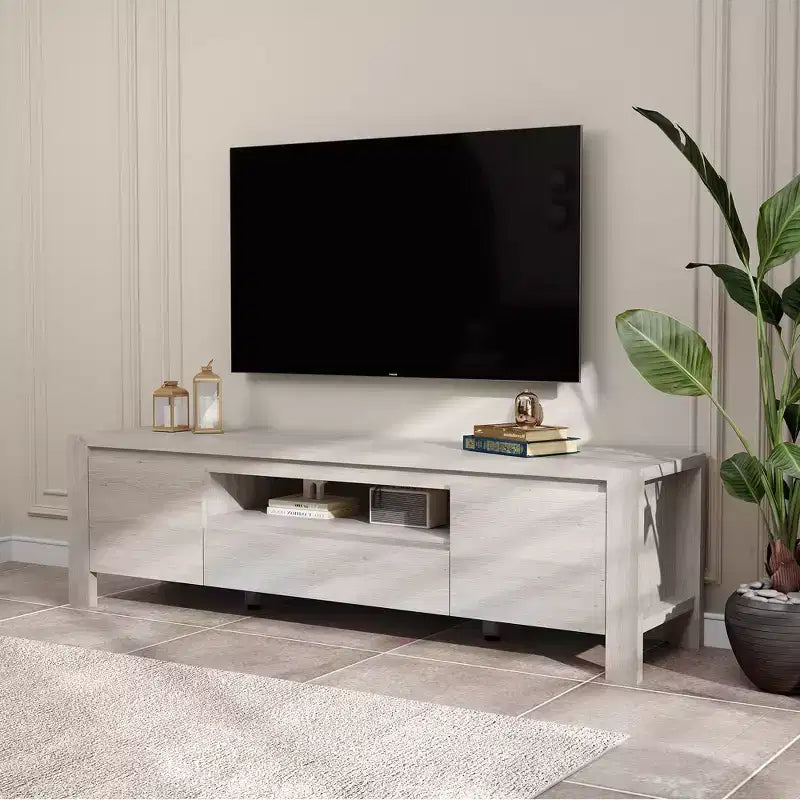 Meuble TV de ferme de 63 pouces avec armoire, meuble de divertissement pour téléviseurs jusqu'à 70 pouces, aucun assemblage requis, finition naturelle