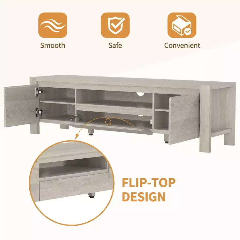 Meuble TV de ferme de 63 pouces avec armoire, meuble de divertissement pour téléviseurs jusqu'à 70 pouces, aucun assemblage requis, finition naturelle