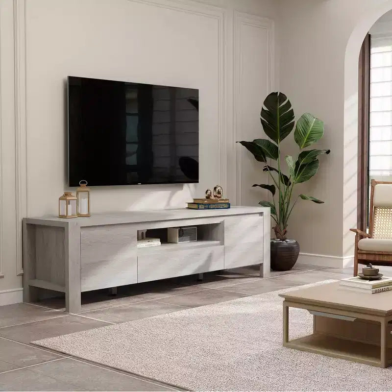 Meuble TV de ferme de 63 pouces avec armoire, meuble de divertissement pour téléviseurs jusqu'à 70 pouces, aucun assemblage requis, finition naturelle
