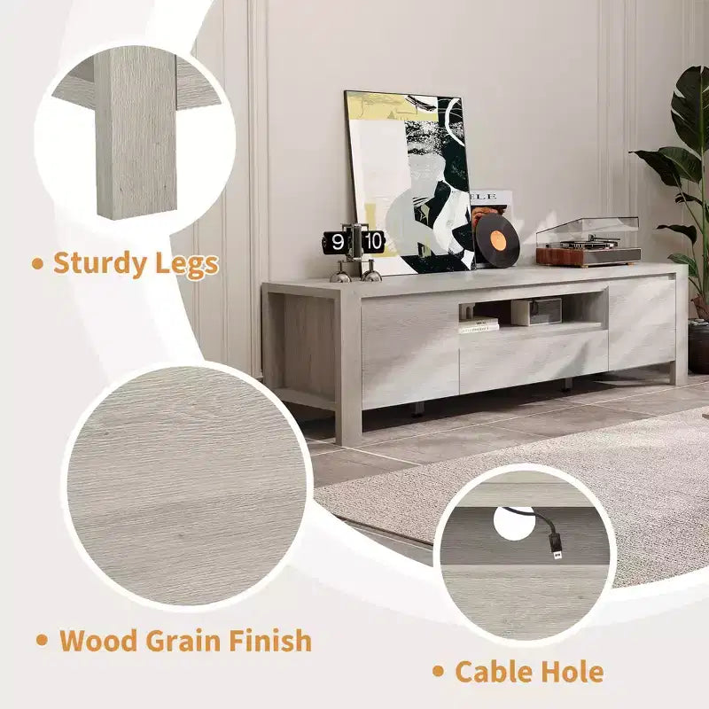 Meuble TV de ferme de 63 pouces avec armoire, meuble de divertissement pour téléviseurs jusqu'à 70 pouces, aucun assemblage requis, finition naturelle
