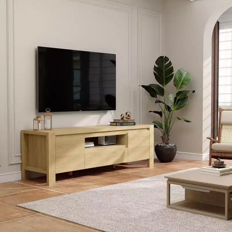 Meuble TV de ferme de 63 pouces avec armoire, meuble de divertissement pour téléviseurs jusqu'à 70 pouces, aucun assemblage requis, finition naturelle