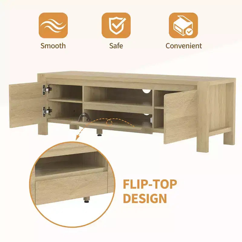 Meuble TV de ferme de 63 pouces avec armoire, meuble de divertissement pour téléviseurs jusqu'à 70 pouces, aucun assemblage requis, finition naturelle
