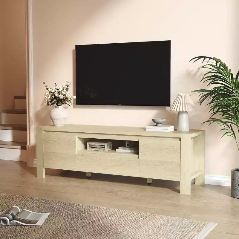 Meuble TV de ferme de 63 pouces avec armoire, meuble de divertissement pour téléviseurs jusqu'à 70 pouces, aucun assemblage requis, finition naturelle