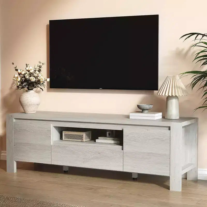 Meuble TV de ferme de 63 pouces avec armoire, meuble de divertissement pour téléviseurs jusqu'à 70 pouces, aucun assemblage requis, finition naturelle