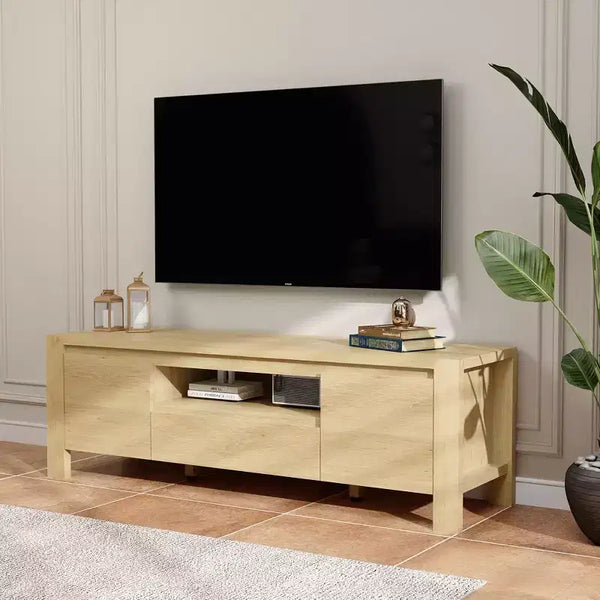 63 Farmhouse TV Stand with Cabinet, Entertainment Center for TVs Up to 70 Inches, No Assembly Required, Natural Finish