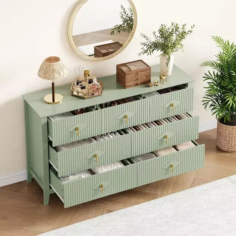 Commode à 7 tiroirs cannelés, meuble de rangement large avec tiroirs profonds et kit anti-basculement