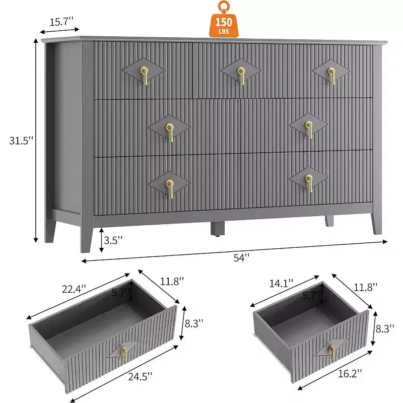 Commode à 7 tiroirs cannelés, meuble de rangement large avec tiroirs profonds et kit anti-basculement