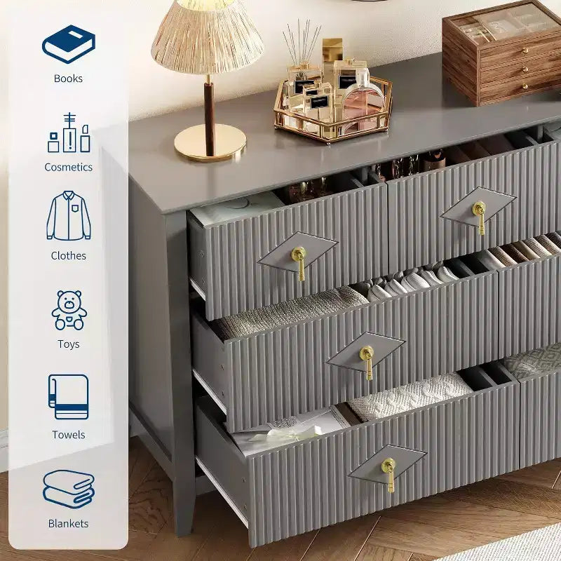 Commode à 7 tiroirs cannelés, meuble de rangement large avec tiroirs profonds et kit anti-basculement