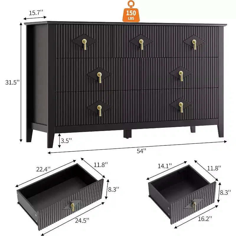 Commode à 7 tiroirs cannelés, meuble de rangement large avec tiroirs profonds et kit anti-basculement