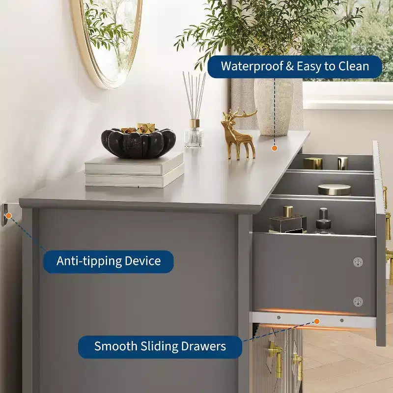 Commode à 7 tiroirs cannelés, meuble de rangement large avec tiroirs profonds et kit anti-basculement