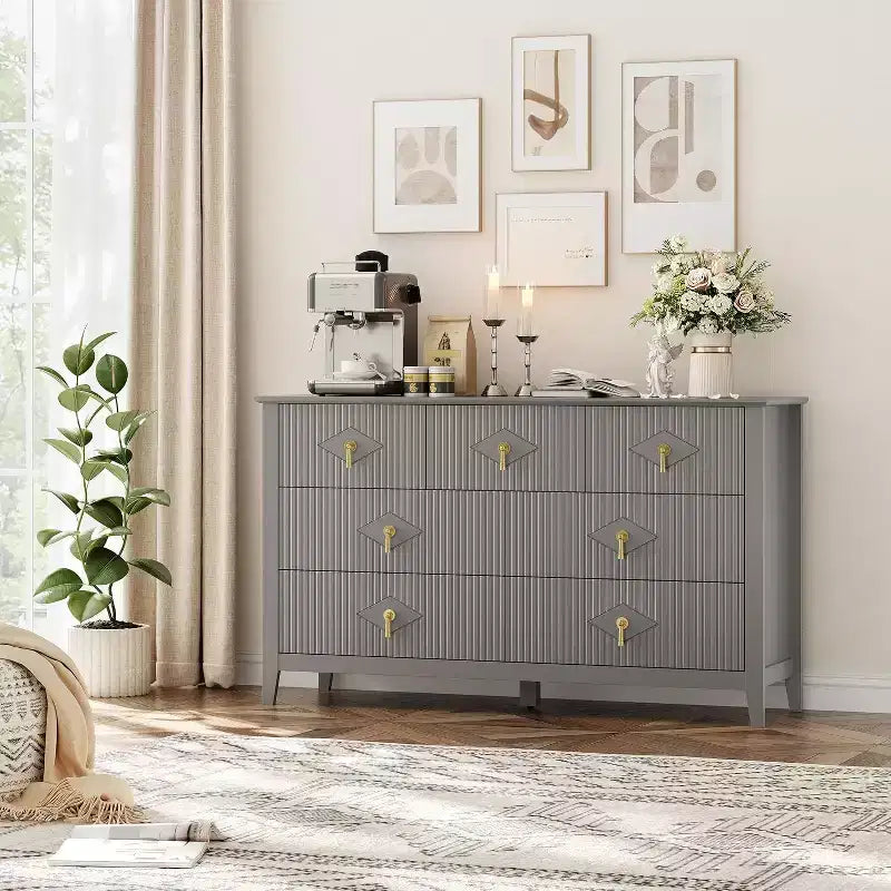 Commode à 7 tiroirs cannelés, meuble de rangement large avec tiroirs profonds et kit anti-basculement