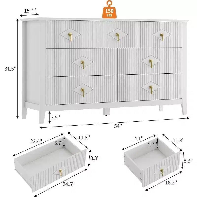 Commode à 7 tiroirs cannelés, meuble de rangement large avec tiroirs profonds et kit anti-basculement