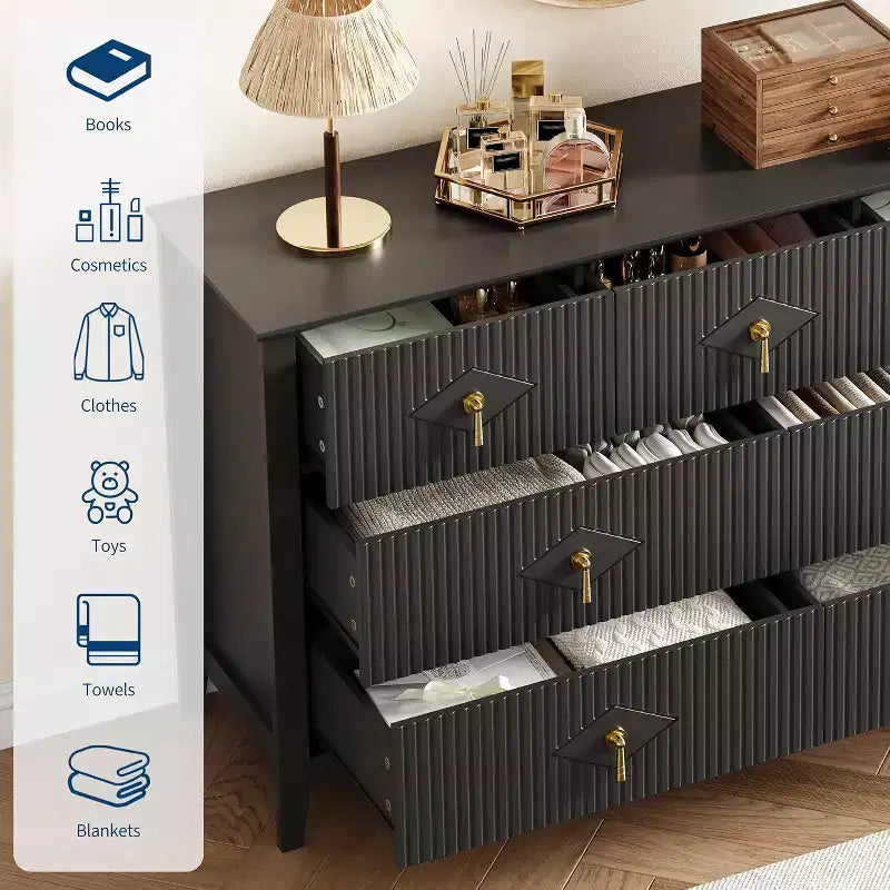 Commode à 7 tiroirs cannelés, meuble de rangement large avec tiroirs profonds et kit anti-basculement