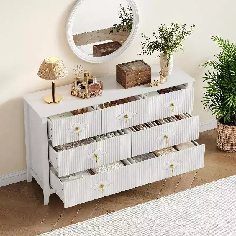 Commode à 7 tiroirs cannelés, meuble de rangement large avec tiroirs profonds et kit anti-basculement
