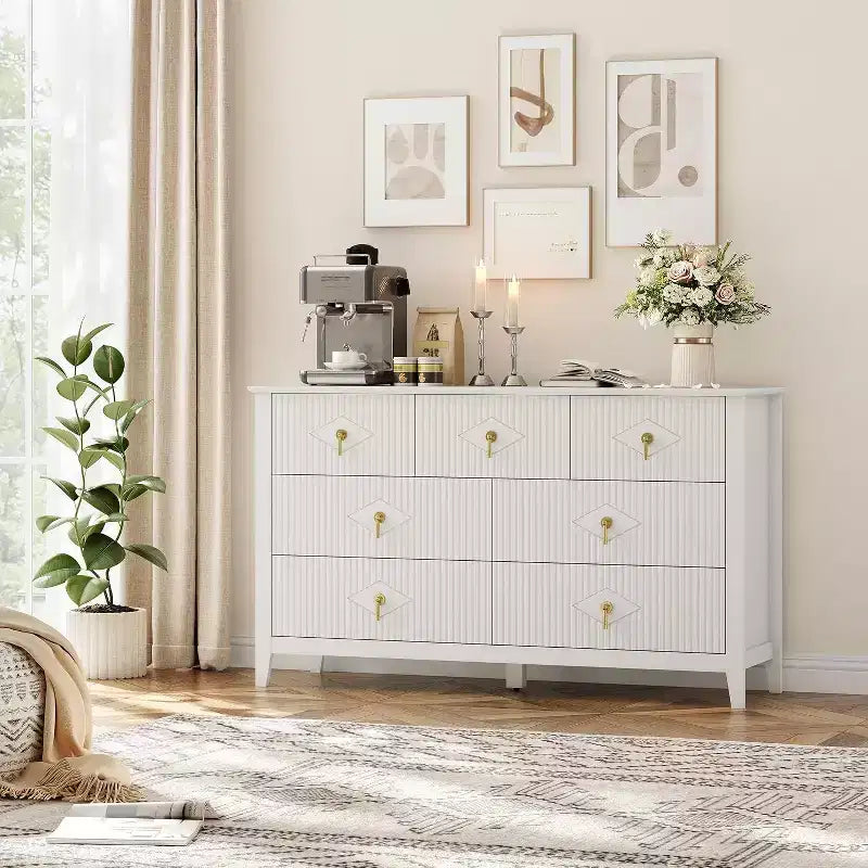Commode à 7 tiroirs cannelés, meuble de rangement large avec tiroirs profonds et kit anti-basculement