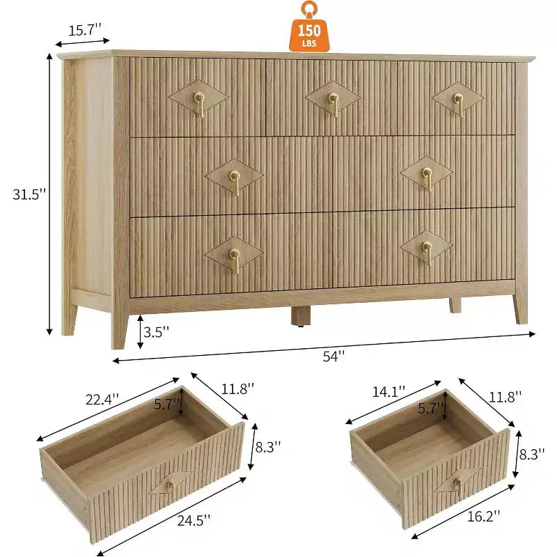 Commode à 7 tiroirs cannelés, meuble de rangement large avec tiroirs profonds et kit anti-basculement