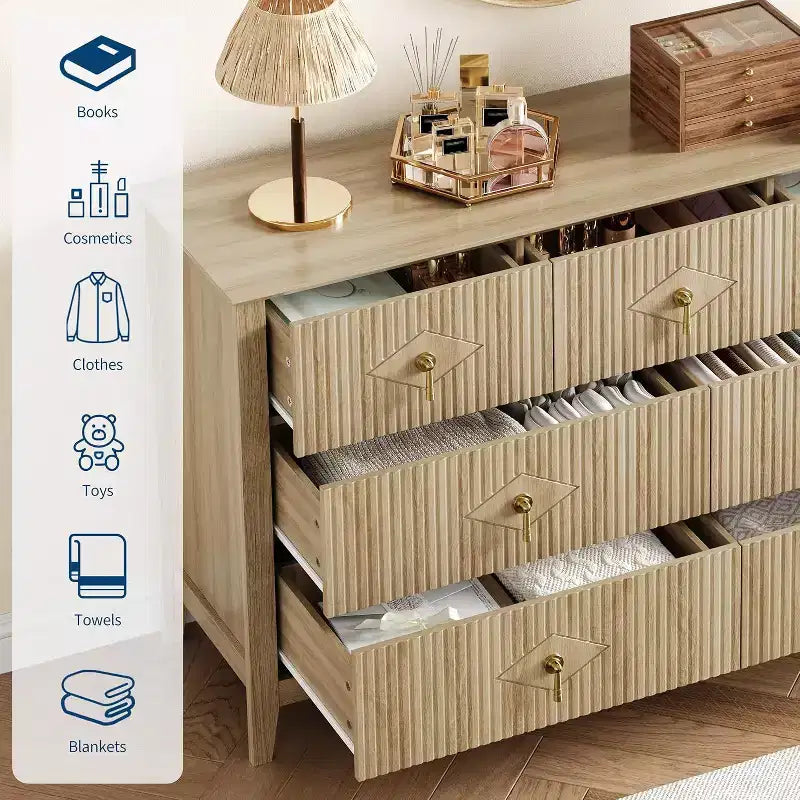Commode à 7 tiroirs cannelés, meuble de rangement large avec tiroirs profonds et kit anti-basculement