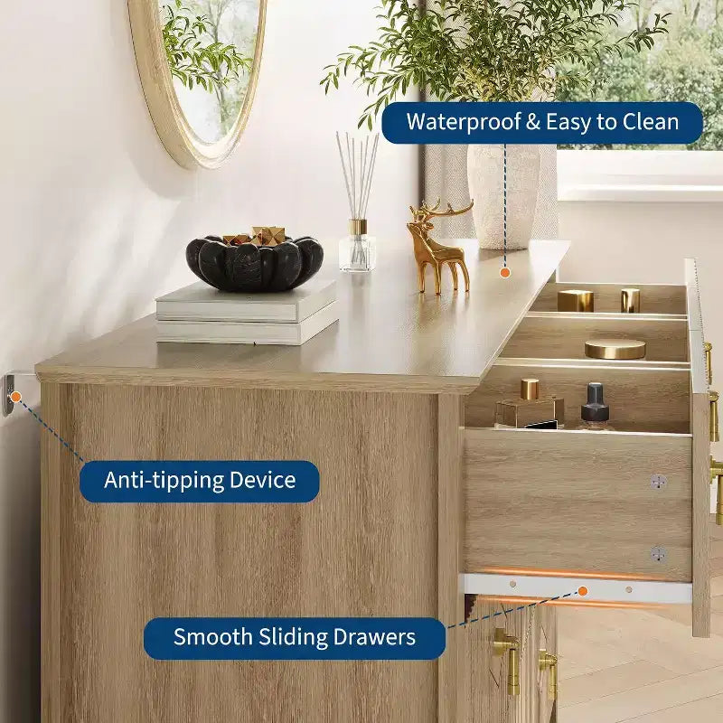Commode à 7 tiroirs cannelés, meuble de rangement large avec tiroirs profonds et kit anti-basculement