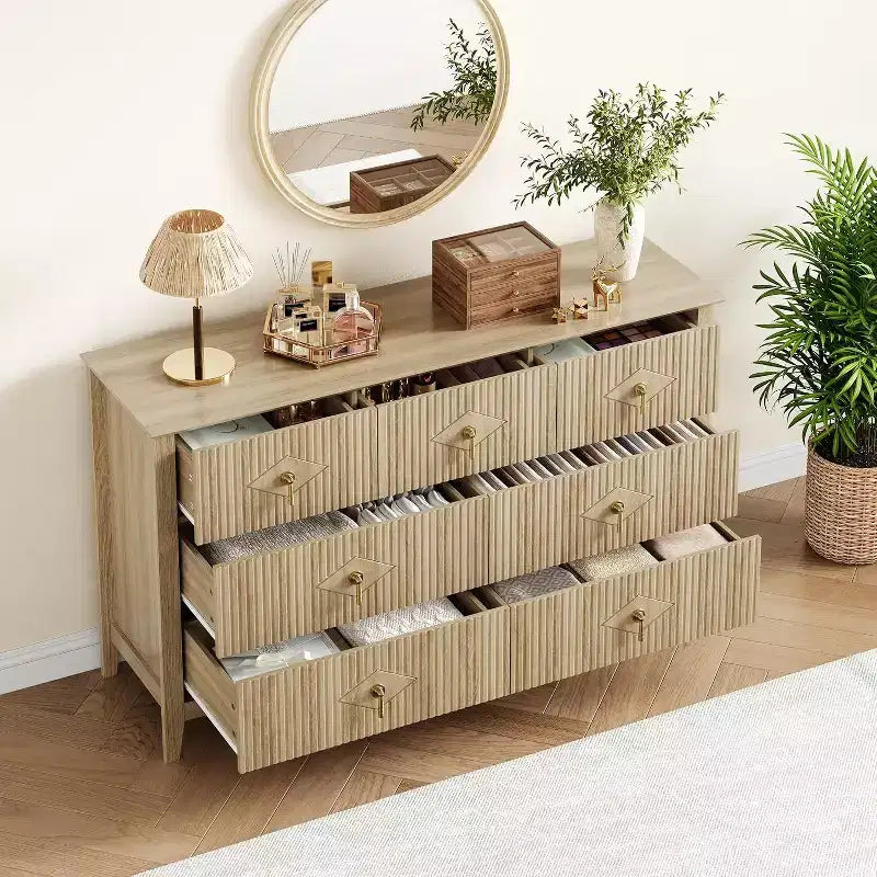 Commode à 7 tiroirs cannelés, meuble de rangement large avec tiroirs profonds et kit anti-basculement