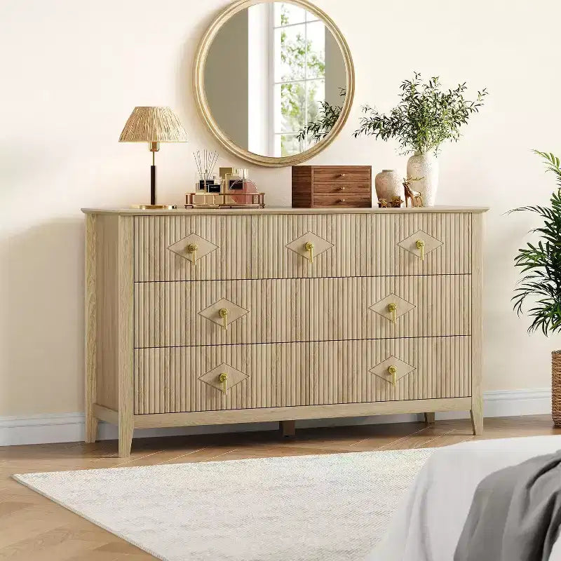 Commode à 7 tiroirs cannelés, meuble de rangement large avec tiroirs profonds et kit anti-basculement