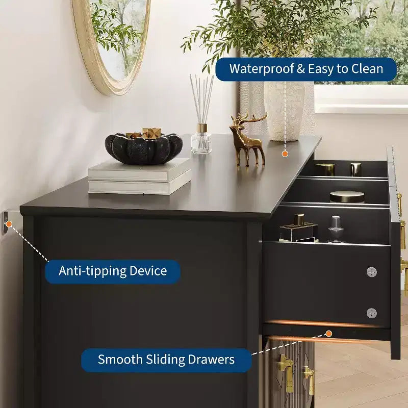 Commode à 7 tiroirs cannelés, meuble de rangement large avec tiroirs profonds et kit anti-basculement