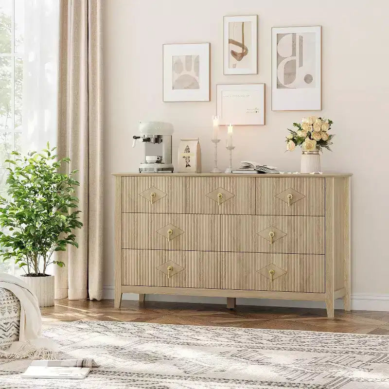 Commode à 7 tiroirs cannelés, meuble de rangement large avec tiroirs profonds et kit anti-basculement