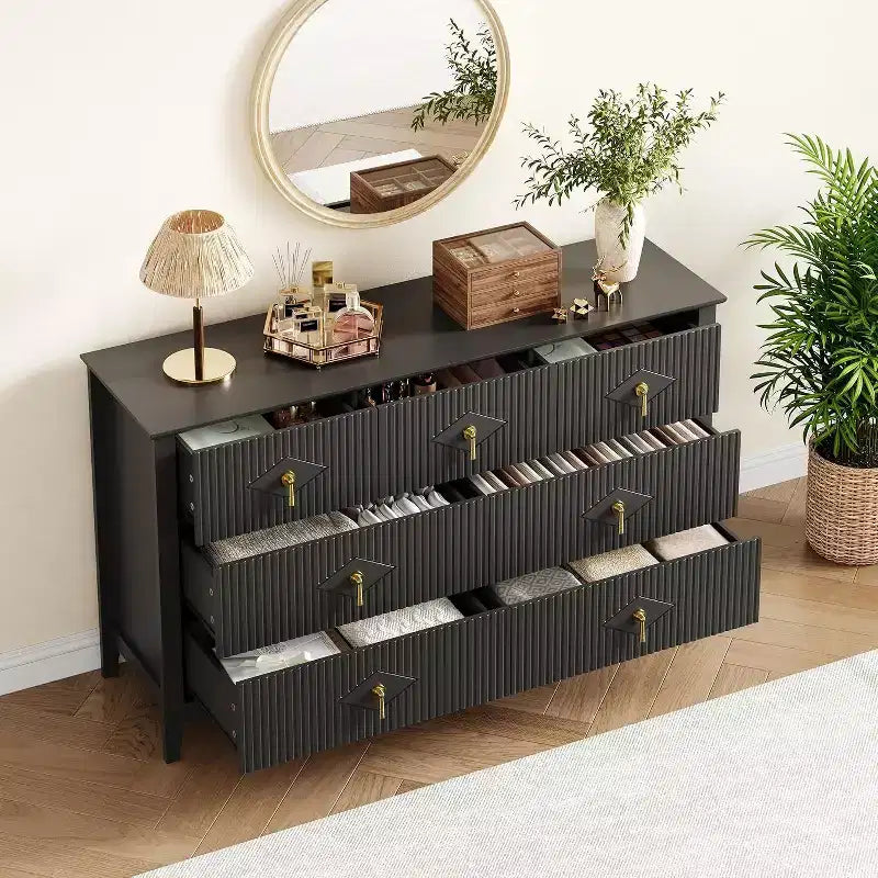 Commode à 7 tiroirs cannelés, meuble de rangement large avec tiroirs profonds et kit anti-basculement