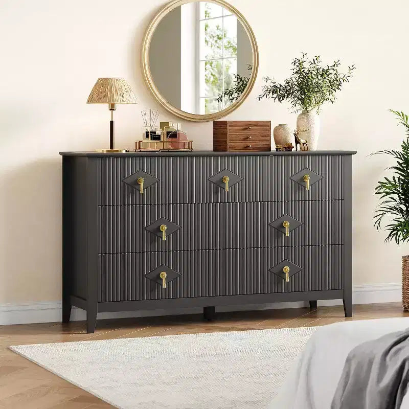 Commode à 7 tiroirs cannelés, meuble de rangement large avec tiroirs profonds et kit anti-basculement
